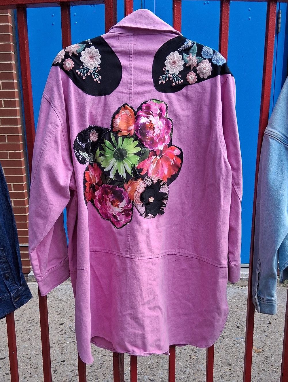 VENUS Pink Long Jacket with Upcycled Floral Patchwork XL